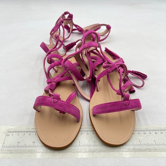 YDN Pink Sexy Knee High Lace up Flats Fringe Low Heel Gladiator Strap Sandals - Picture 3 of 8